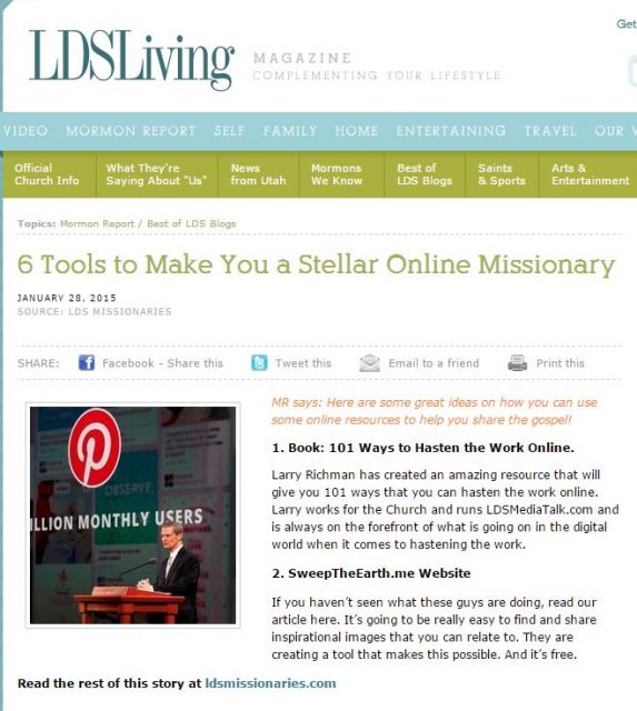 Stellar Online Missionary-mention on LDS Living