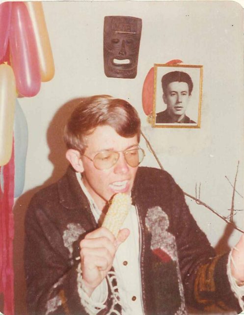 Elder Richman lip syncing "Eres Tú" at the missionary New Year's get-together, January 1976
