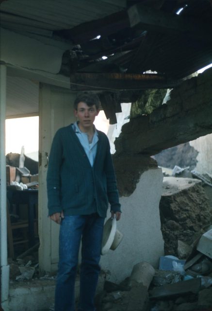 Larry Richman about 3 hours after the quake, standing in front of Walter Matzer's room (our landlord), two doors down from our room.